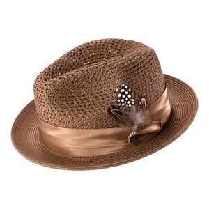 MONTIQUE CAPPUCCINO COLOR PINCH BRAIDED FEDORA WITH MATCHING SATIN RIBBON. H34